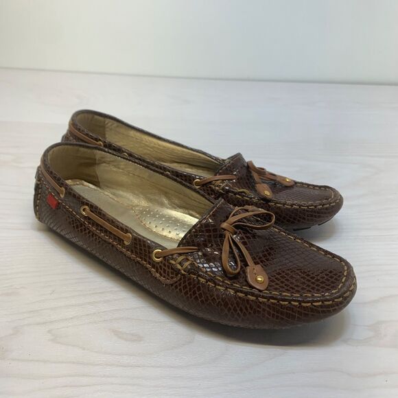MARC JOSEPH NEW YORK CYPRESS HILL BROWN & GOLD SNAKE PRINT LEATHER MOCCASINS 8 - Picture 1 of 9